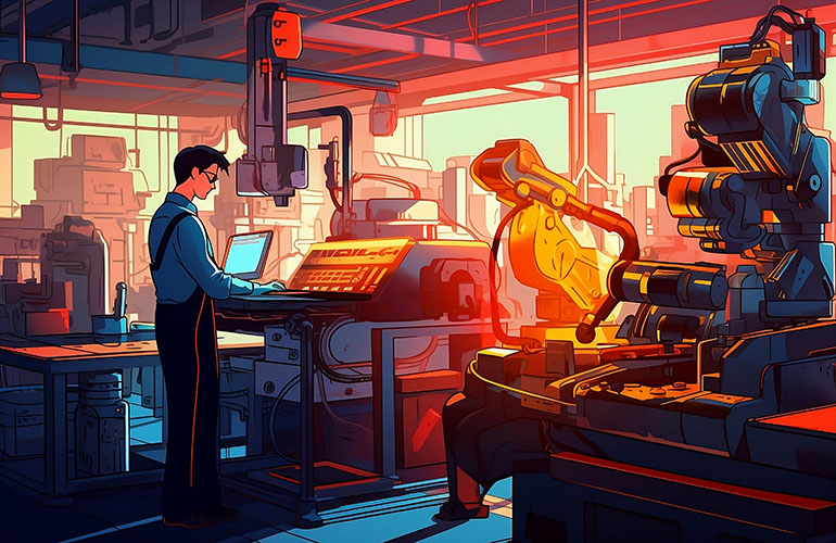 An illustration from MIT of a person working at a computer surrounded by robots. 