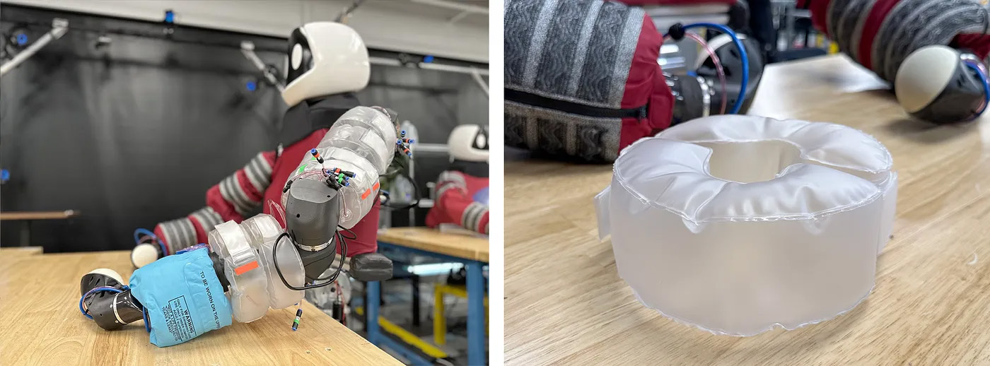 Left: Under Punyo’s sleeves are air-filled bubbles, air tubes, and pressure sensors that add compliance and tactile sensing to the arms. Right: Closeup of a pair of arm bubbles.