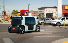 a zoox robo taxi turns a corner in Las Vegas.